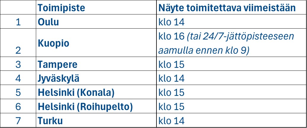 Toimipistekohtaiset näytteiden jättöajat pika-analyyseille:
1) Oulu: näyte toimitettava viimeistään klo 14.
2) Kuopio: näyte toimitettava viimeistään kl 15 (tai 24/7-jättöpisteeseen aamulla ennen klo 9)
3) Tampere: näyte toimitettava viimeistään klo 15
4) Jyväskylä: näyte toimitettava viimeistään klo 14
5) Helsinki (Konala): näyte toimitettava viimeistään klo 15
6) Helsinki (Roihupelto): näyte toimitettava viimeistään klo 15
7): Turku: näyte toimitettava viimeistään klo 14